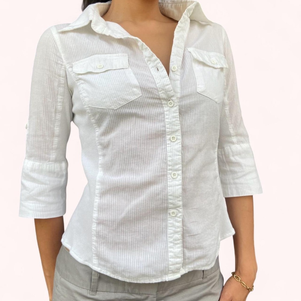 Vintage Y2K White Cotton Button Up Blouse Minimalist Office Siren Summer Top